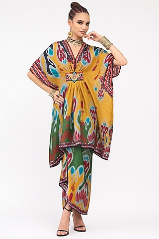 Multi-Colored Silk Printed V-Neck Short Kaftan by Rajdeep Ranawat