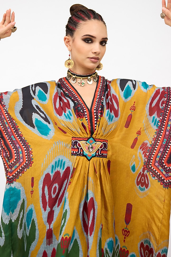 Multi-Colored Silk Printed V-Neck Short Kaftan by Rajdeep Ranawat at Pernia's Pop Up Shop