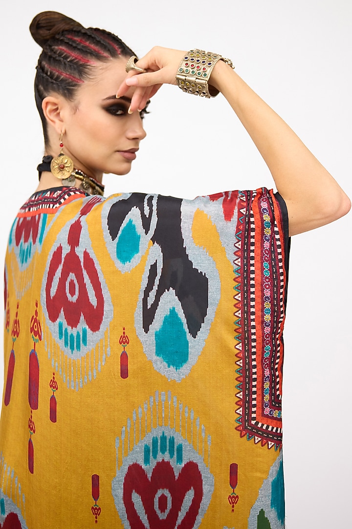 Multi-Colored Silk Printed V-Neck Short Kaftan by Rajdeep Ranawat at Pernia's Pop Up Shop
