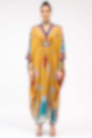 Mustard Silk Printed V-Neck Kaftan by Rajdeep Ranawat at Pernia's Pop Up Shop