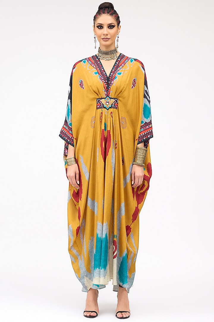 Mustard Silk Printed V-Neck Kaftan by Rajdeep Ranawat at Pernia's Pop Up Shop
