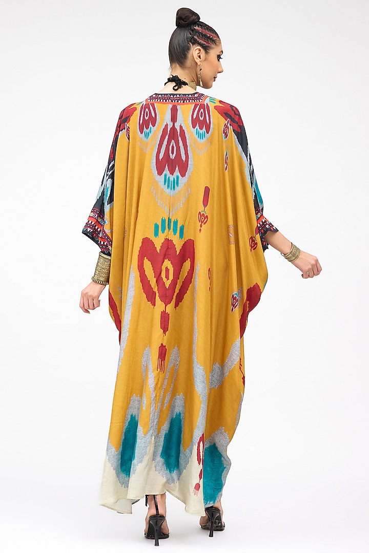 Mustard Silk Printed V-Neck Kaftan by Rajdeep Ranawat at Pernia's Pop Up Shop