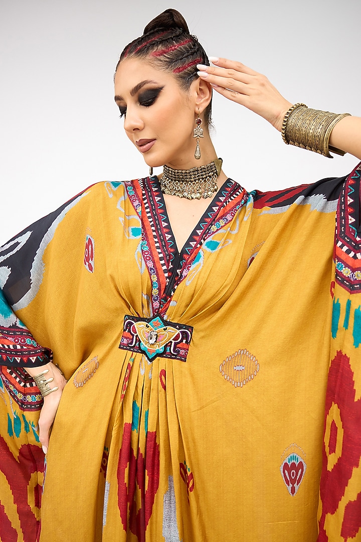 Mustard Silk Printed V-Neck Kaftan by Rajdeep Ranawat at Pernia's Pop Up Shop