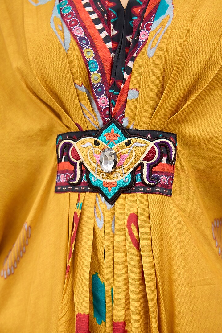 Mustard Silk Printed V-Neck Kaftan by Rajdeep Ranawat at Pernia's Pop Up Shop