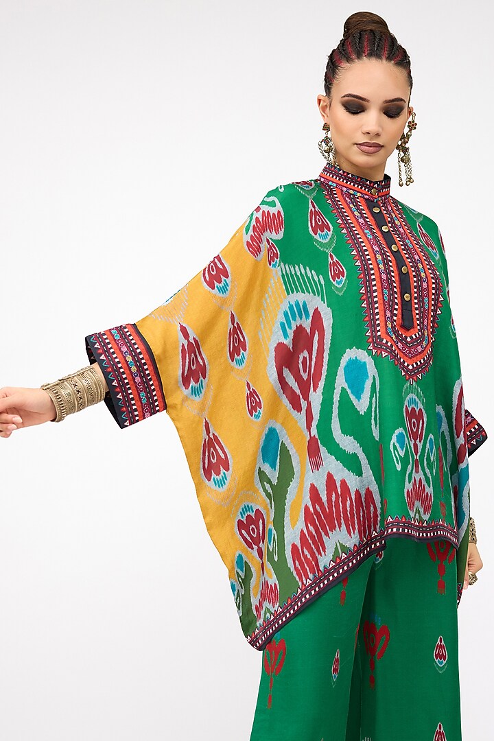 Green Silk Band Collared Tunic by Rajdeep Ranawat at Pernia's Pop Up Shop