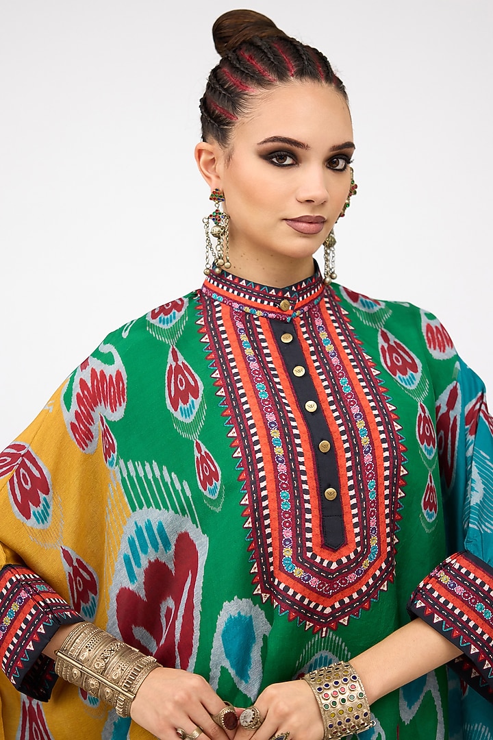 Green Silk Band Collared Tunic by Rajdeep Ranawat at Pernia's Pop Up Shop