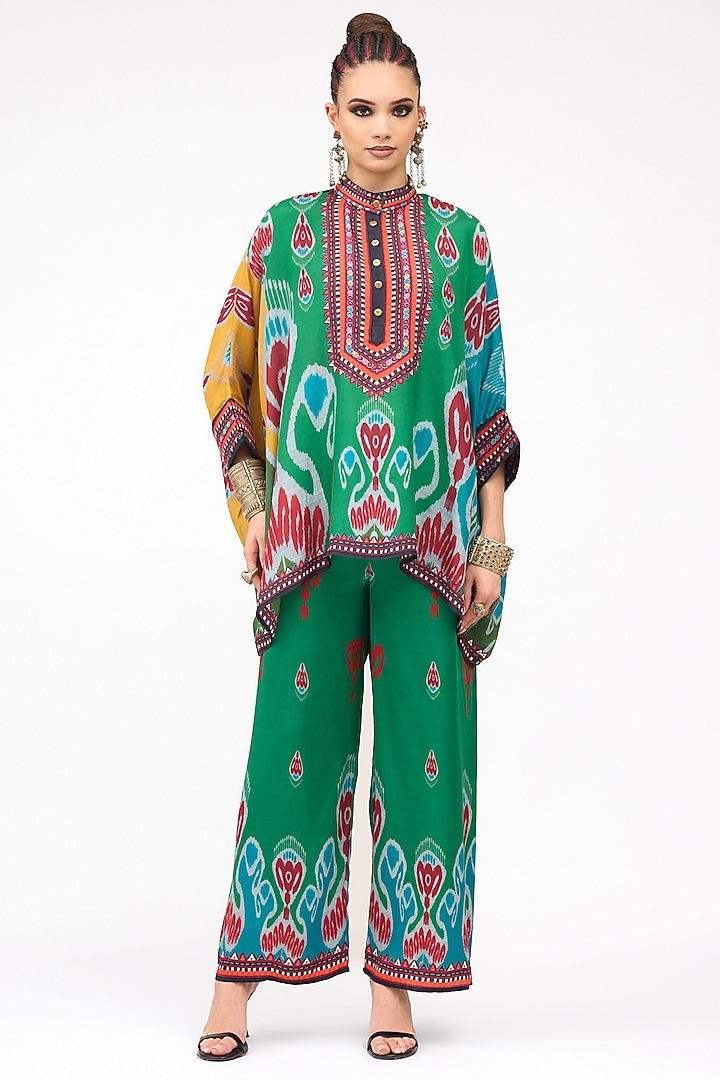 Green Modal Satin Printed Pants by Rajdeep Ranawat at Pernia's Pop Up Shop
