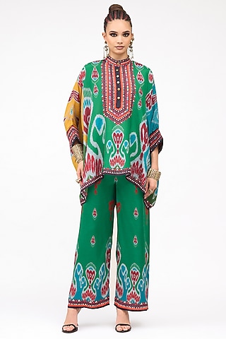 Green Modal Satin Printed Pants by Rajdeep Ranawat