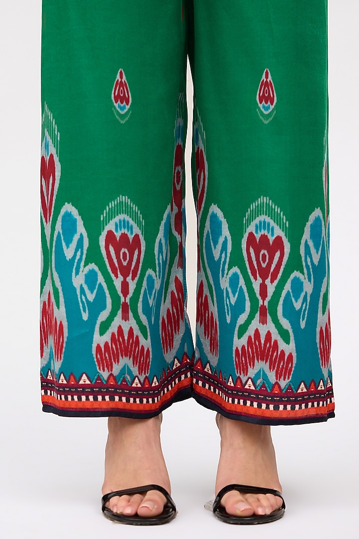 Green Modal Satin Printed Pants by Rajdeep Ranawat at Pernia's Pop Up Shop