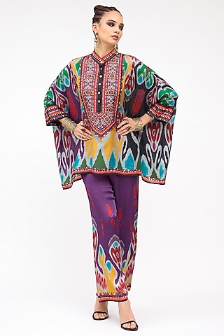 Purple Modal Satin Printed Pants by Rajdeep Ranawat
