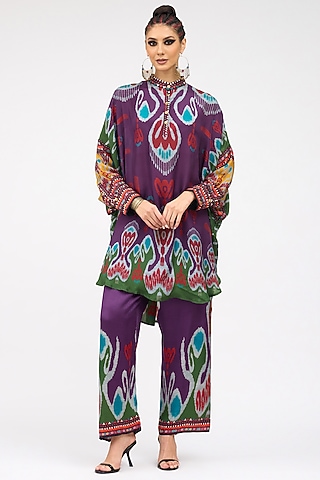 Purple Modal Satin Printed Pants by Rajdeep Ranawat