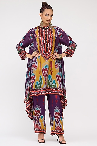 Purple Modal Satin Printed Pants by Rajdeep Ranawat