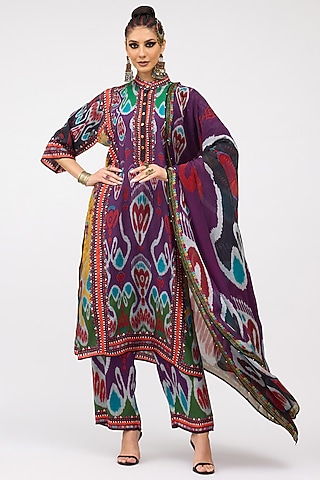 Purple Silk Chiffon Printed Dupatta by Rajdeep Ranawat