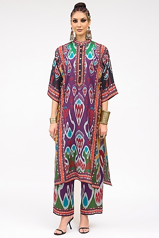 Purple Modal Satin Printed Pants by Rajdeep Ranawat