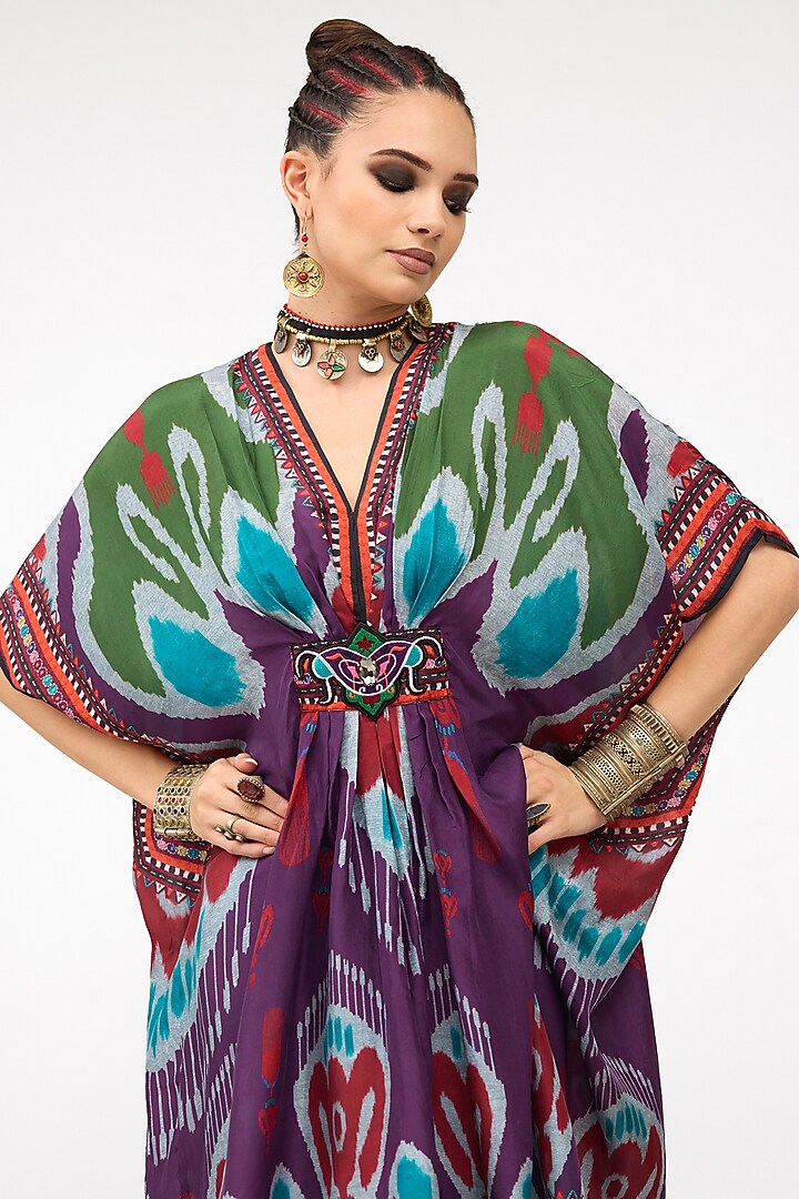 Purple Silk V-Neck Short Kaftan by Rajdeep Ranawat at Pernia's Pop Up Shop