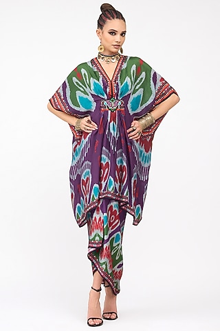 Purple Silk Printed Tie-Up Draped Skirt by Rajdeep Ranawat