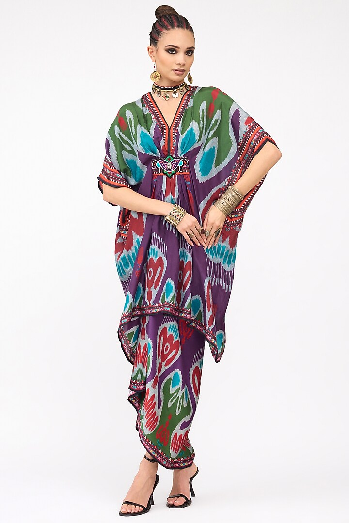 Purple Silk Printed Tie-Up Draped Skirt by Rajdeep Ranawat at Pernia's Pop Up Shop