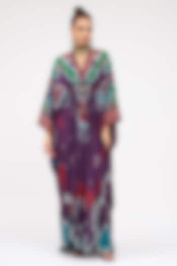 Multi-Colored Silk Printed Long V-Neck Kaftan by Rajdeep Ranawat at Pernia's Pop Up Shop