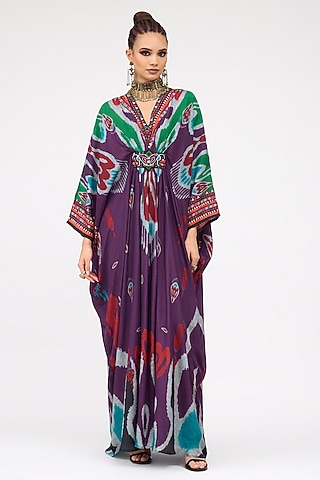 Multi-Colored Silk Printed Long V-Neck Kaftan by Rajdeep Ranawat