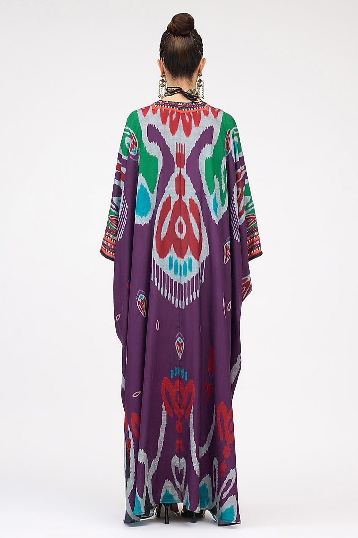 Multi-Colored Silk Printed Long V-Neck Kaftan by Rajdeep Ranawat at Pernia's Pop Up Shop