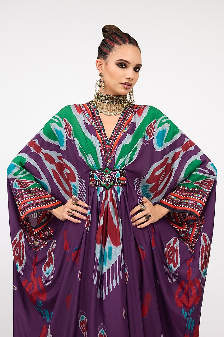 Multi-Colored Silk Printed Long V-Neck Kaftan by Rajdeep Ranawat at Pernia's Pop Up Shop