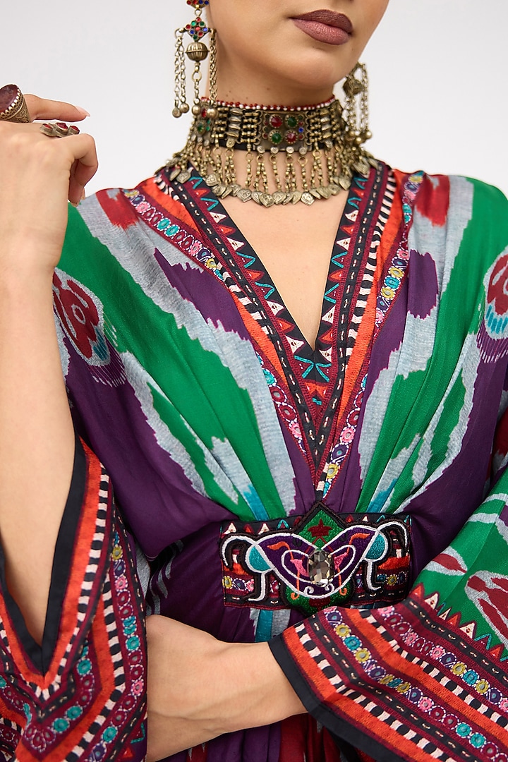 Multi-Colored Silk Printed Long V-Neck Kaftan by Rajdeep Ranawat at Pernia's Pop Up Shop