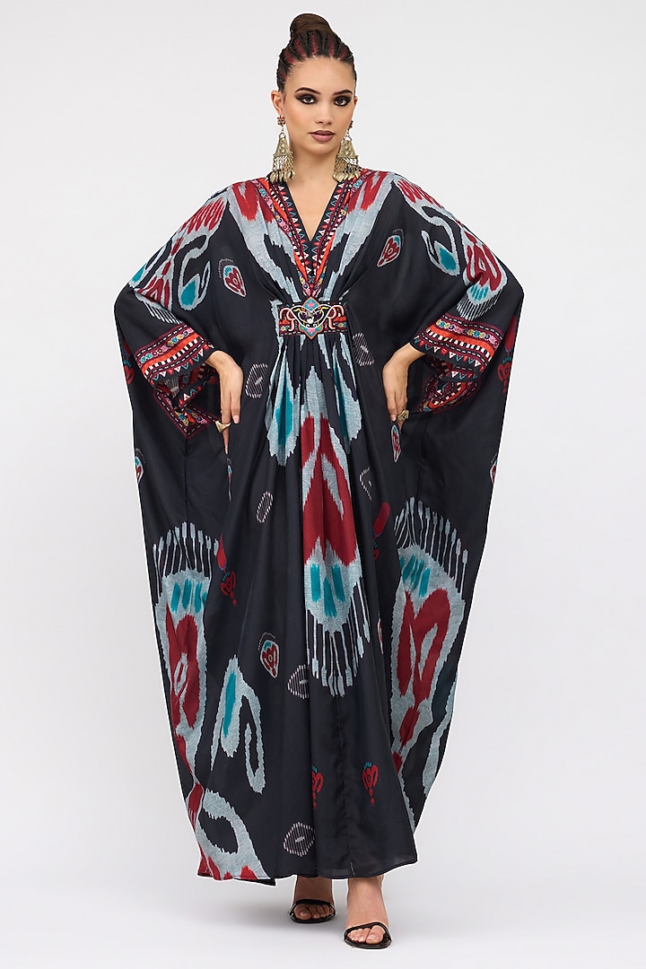 Multi-Colored Silk Printed Long V-Neck Kaftan by Rajdeep Ranawat at Pernia's Pop Up Shop