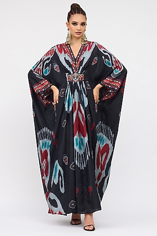 Multi-Colored Silk Printed Long V-Neck Kaftan by Rajdeep Ranawat