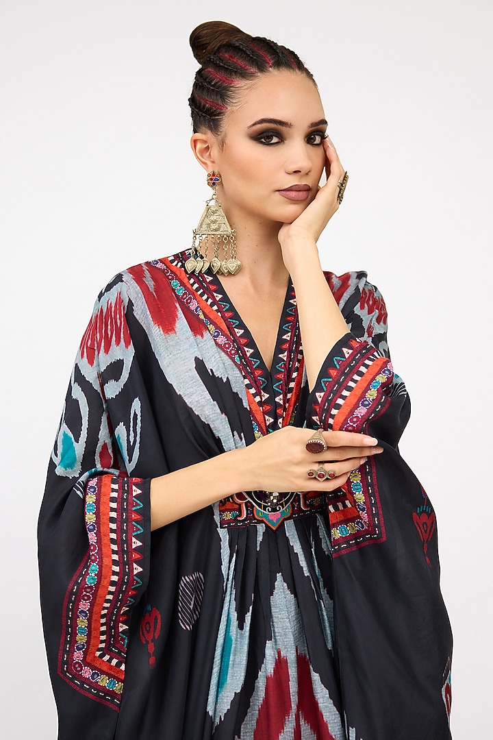 Multi-Colored Silk Printed Long V-Neck Kaftan by Rajdeep Ranawat at Pernia's Pop Up Shop