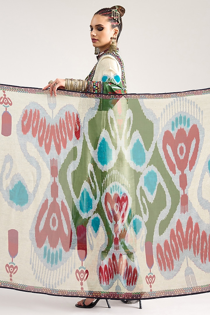Eggshell White Silk Chiffon Printed Dupatta by Rajdeep Ranawat at Pernia's Pop Up Shop