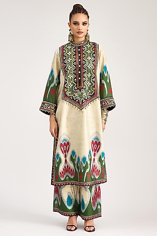 Eggshell White Silk Dupion Printed Pants by Rajdeep Ranawat