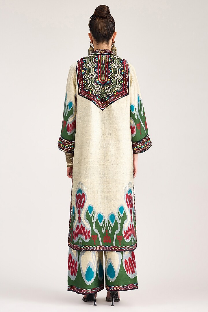 Eggshell White Silk Dupion Printed Pants by Rajdeep Ranawat at Pernia's Pop Up Shop