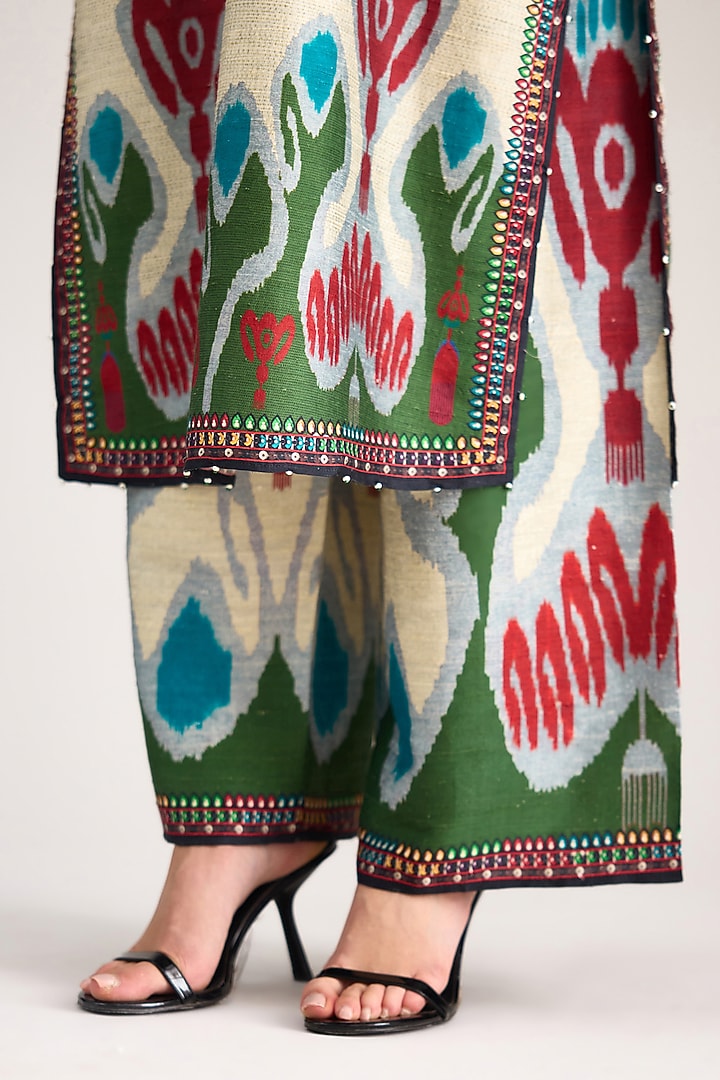 Eggshell White Silk Dupion Printed Pants by Rajdeep Ranawat at Pernia's Pop Up Shop