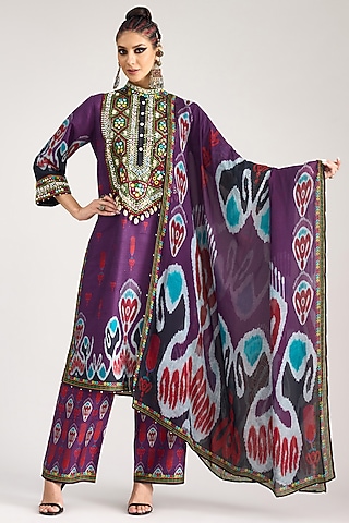 Purple Silk Chiffon Printed Dupatta by Rajdeep Ranawat