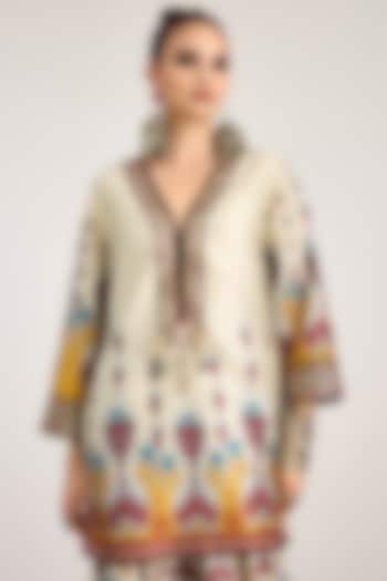 Eggshell White Silk Dupion Print & Embroidered Tunic by Rajdeep Ranawat at Pernia's Pop Up Shop