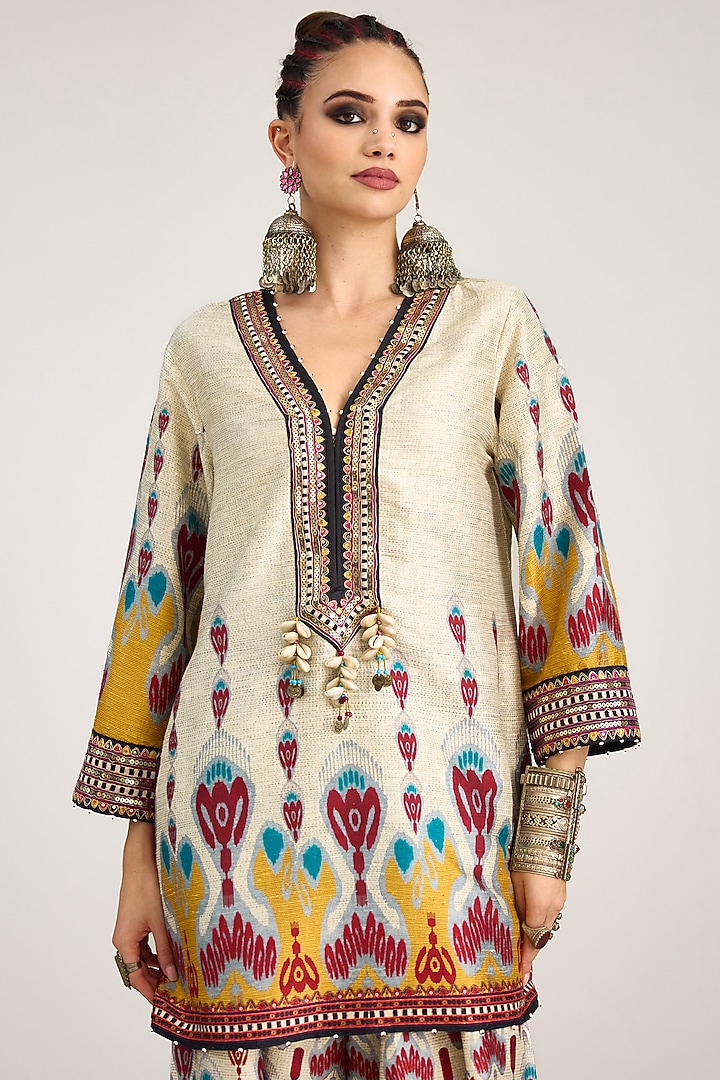 Eggshell White Silk Dupion Print & Embroidered Tunic by Rajdeep Ranawat at Pernia's Pop Up Shop