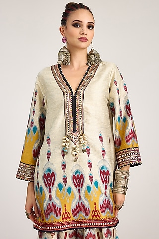 Eggshell White Silk Dupion Print & Embroidered Tunic by Rajdeep Ranawat