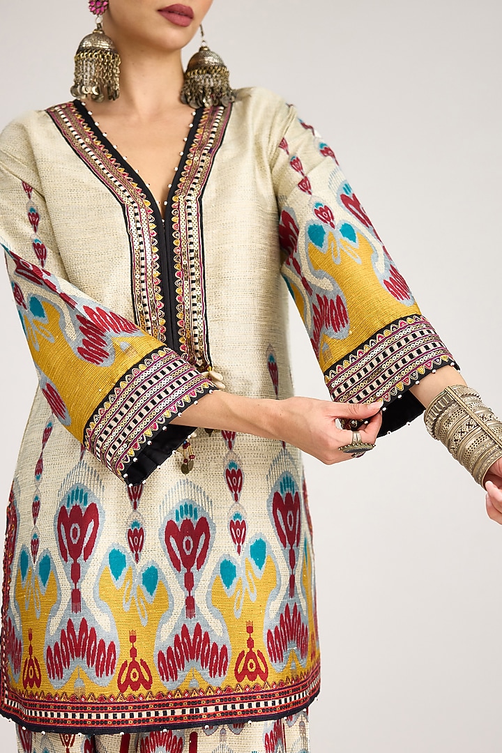 Eggshell White Silk Dupion Print & Embroidered Tunic by Rajdeep Ranawat at Pernia's Pop Up Shop