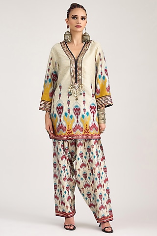 Eggshell White Silk Dupion Printed Salwar Pants by Rajdeep Ranawat