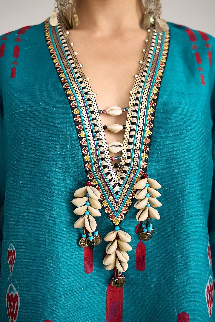 Turquoise Silk Dupion Print & Embroidered Tunic by Rajdeep Ranawat at Pernia's Pop Up Shop