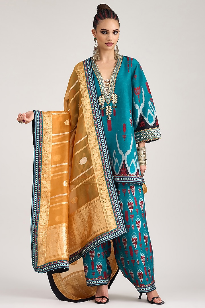 Orange Organza Printed Banarasi Dupatta by Rajdeep Ranawat at Pernia's Pop Up Shop
