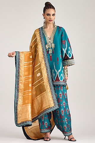 Orange Organza Printed Banarasi Dupatta by Rajdeep Ranawat