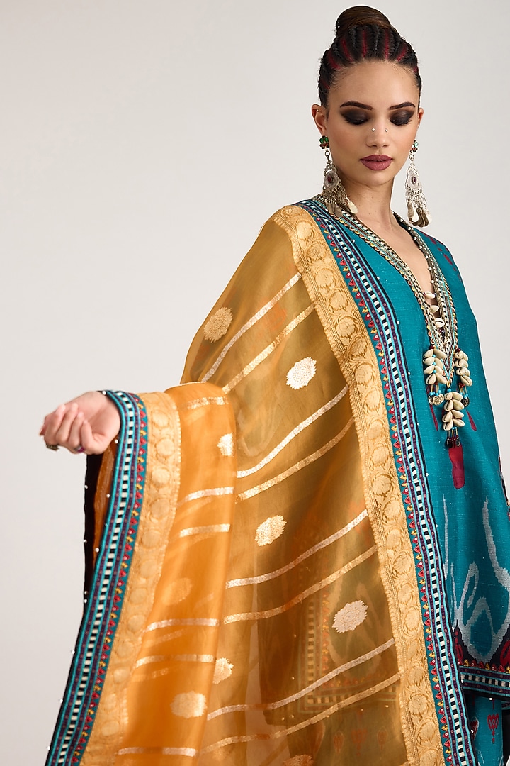 Orange Organza Printed Banarasi Dupatta by Rajdeep Ranawat at Pernia's Pop Up Shop