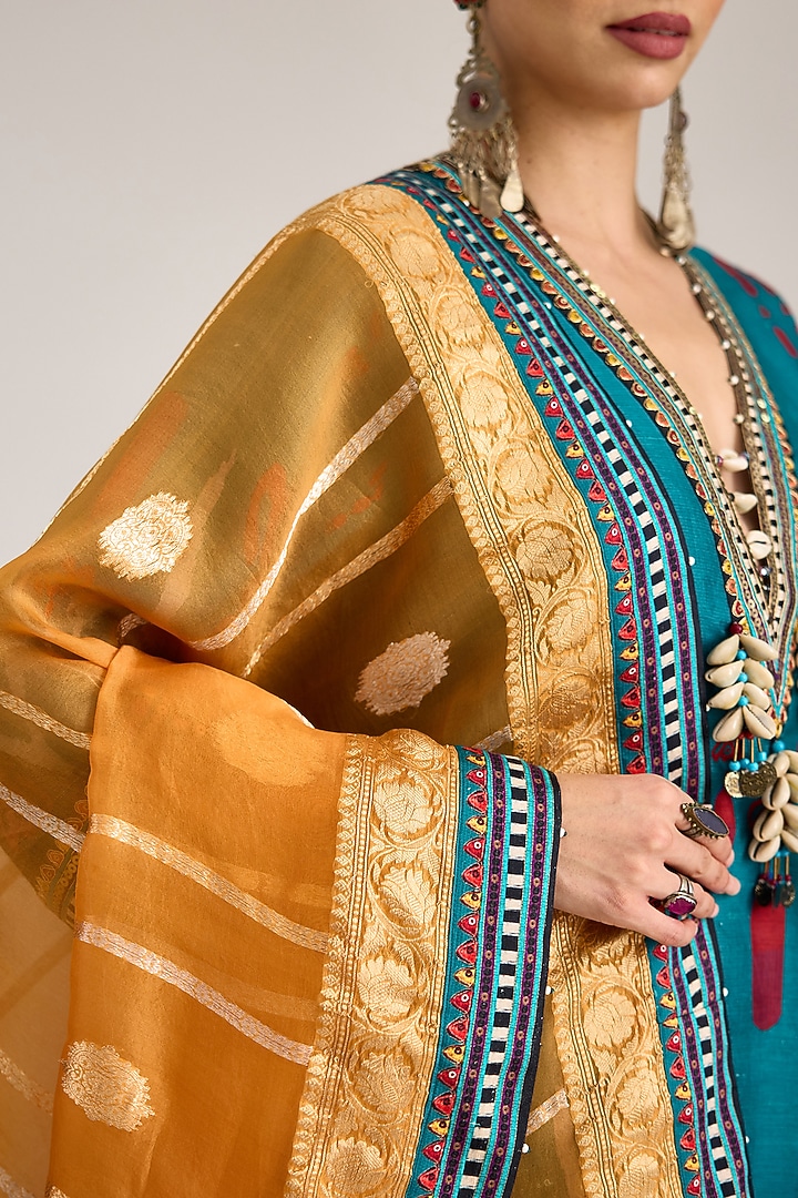 Orange Organza Printed Banarasi Dupatta by Rajdeep Ranawat at Pernia's Pop Up Shop
