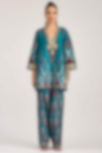 Turquoise Silk Dupion Printed Salwar Pants by Rajdeep Ranawat at Pernia's Pop Up Shop