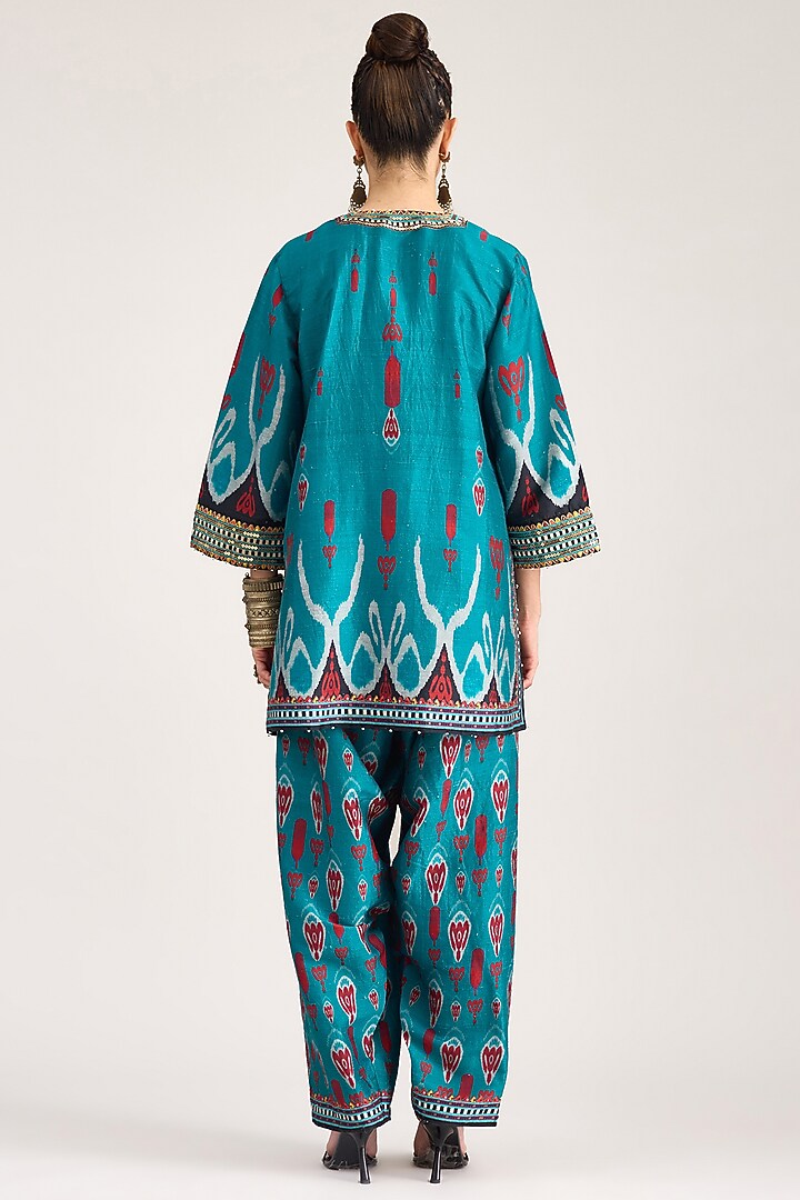 Turquoise Silk Dupion Printed Salwar Pants by Rajdeep Ranawat at Pernia's Pop Up Shop