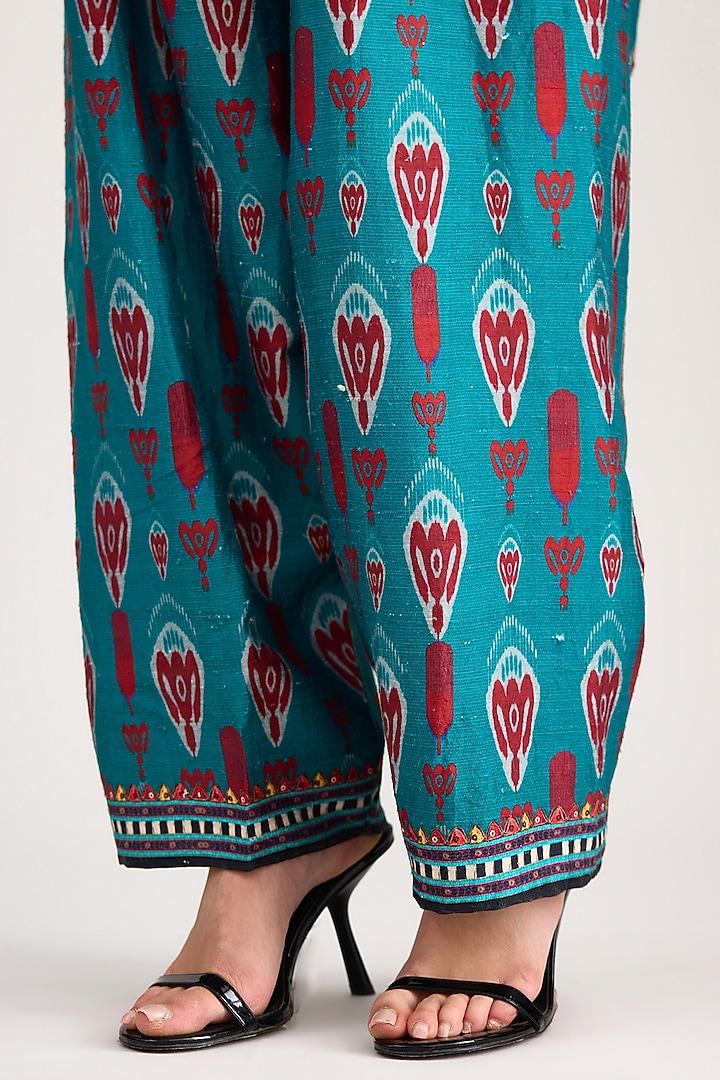 Turquoise Silk Dupion Printed Salwar Pants by Rajdeep Ranawat at Pernia's Pop Up Shop