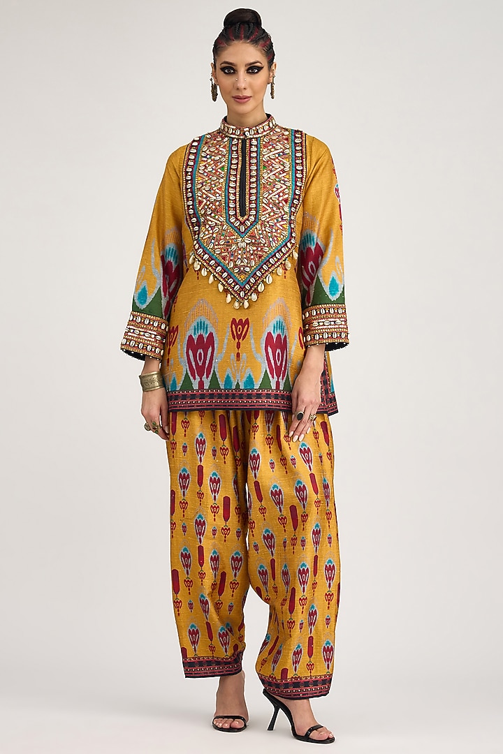 Mustard Silk Dupion Print & Embroidered Tunic by Rajdeep Ranawat at Pernia's Pop Up Shop