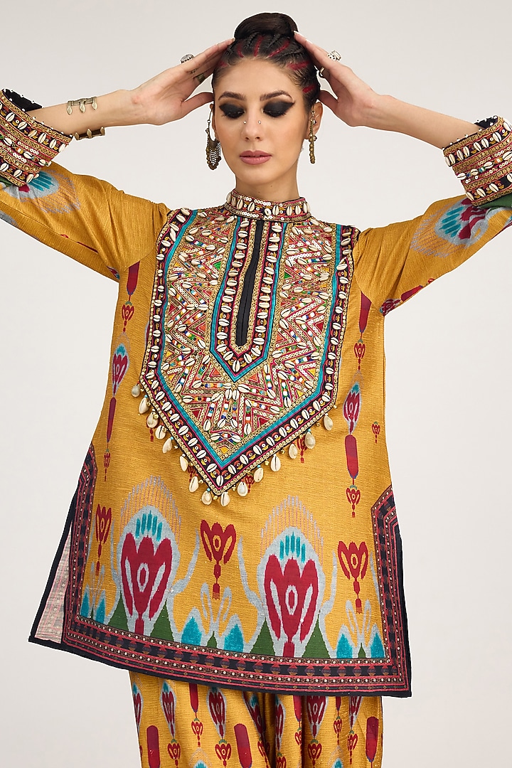Mustard Silk Dupion Print & Embroidered Tunic by Rajdeep Ranawat at Pernia's Pop Up Shop