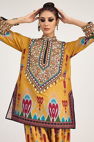 Mustard Silk Dupion Print & Embroidered Tunic by Rajdeep Ranawat
